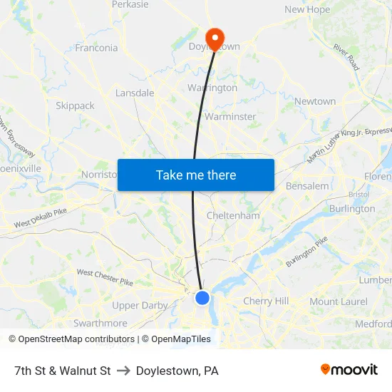 7th St & Walnut St to Doylestown, PA map