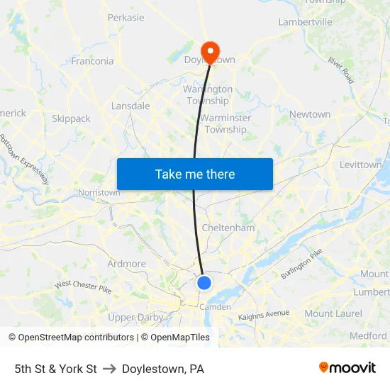 5th St & York St to Doylestown, PA map