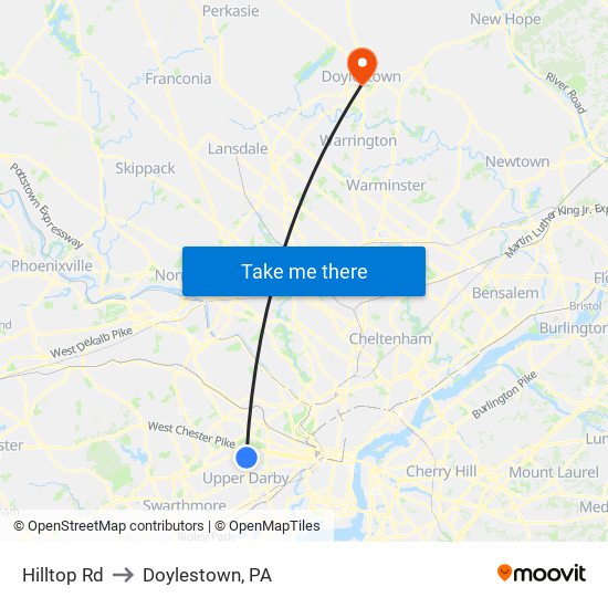 Hilltop Rd to Doylestown, PA map