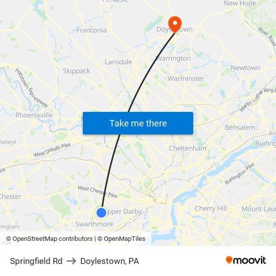 Springfield Rd to Doylestown, PA map