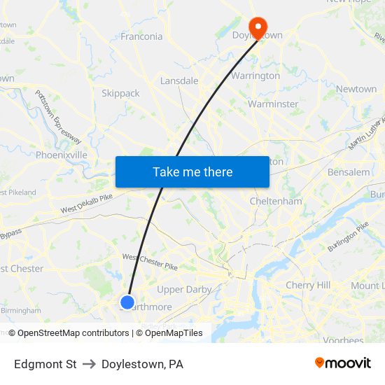 Edgmont St to Doylestown, PA map