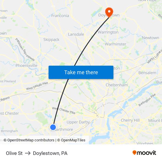 Olive St to Doylestown, PA map