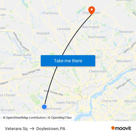 Veterans Sq to Doylestown, PA map