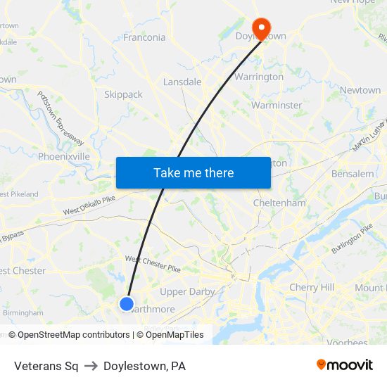 Veterans Sq to Doylestown, PA map