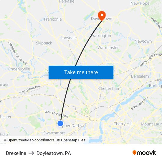 Drexeline to Doylestown, PA map