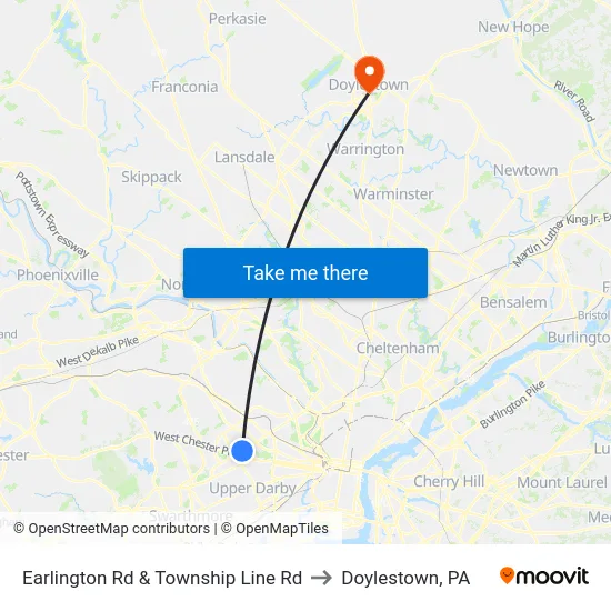Earlington Rd & Township Line Rd to Doylestown, PA map