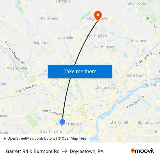 Garrett Rd & Burmont Rd to Doylestown, PA map