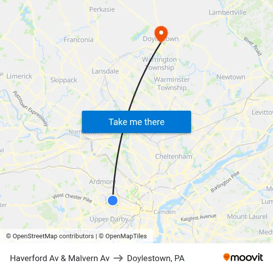 Haverford Av & Malvern Av to Doylestown, PA map