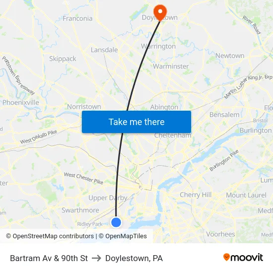 Bartram Av & 90th St to Doylestown, PA map