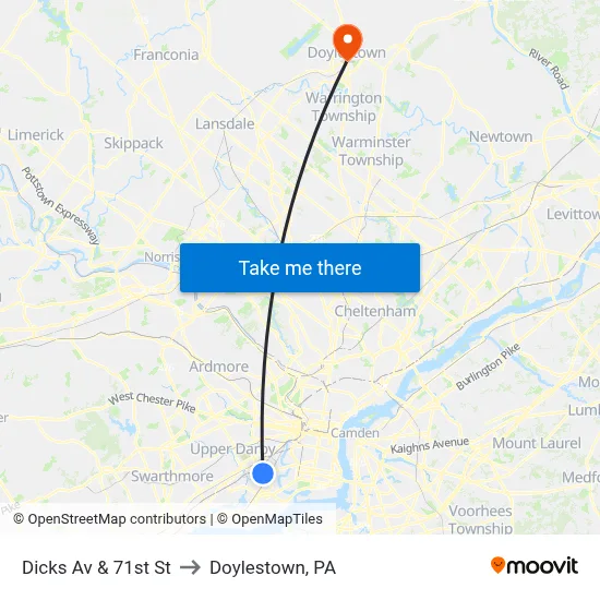 Dicks Av & 71st St to Doylestown, PA map