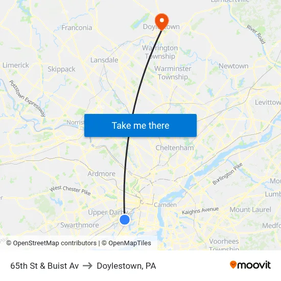 65th St & Buist Av to Doylestown, PA map