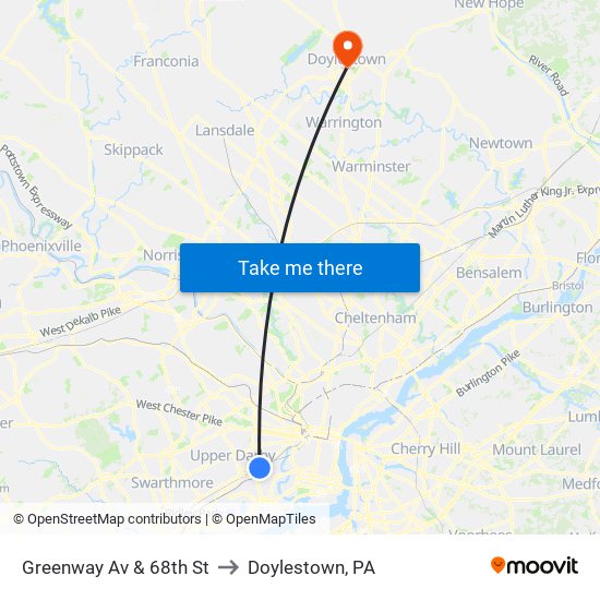 Greenway Av & 68th St to Doylestown, PA map
