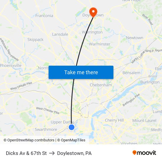 Dicks Av & 67th St to Doylestown, PA map