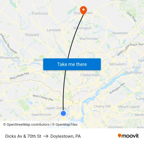 Dicks Av & 70th St to Doylestown, PA map