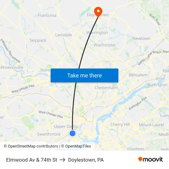 Elmwood Av & 74th St to Doylestown, PA map