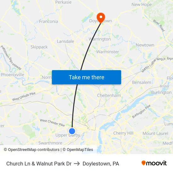 Church Ln & Walnut Park Dr to Doylestown, PA map