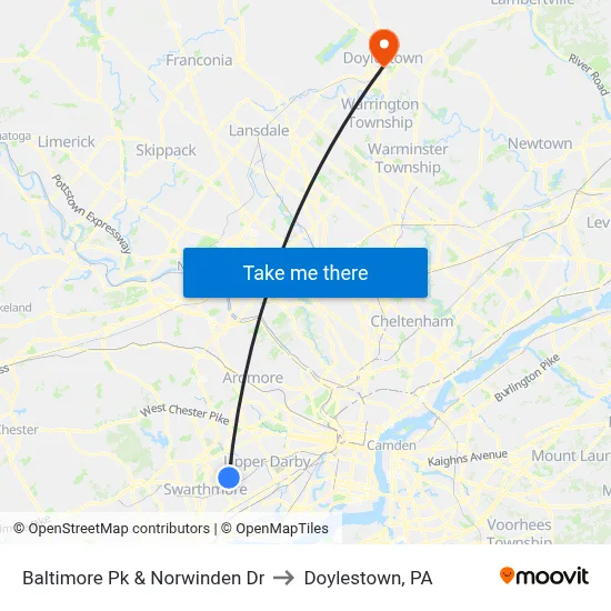 Baltimore Pk & Norwinden Dr to Doylestown, PA map