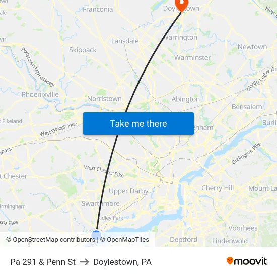 Pa 291 & Penn St to Doylestown, PA map