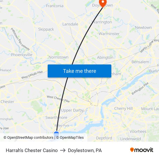 Harrah's Chester Casino to Doylestown, PA map