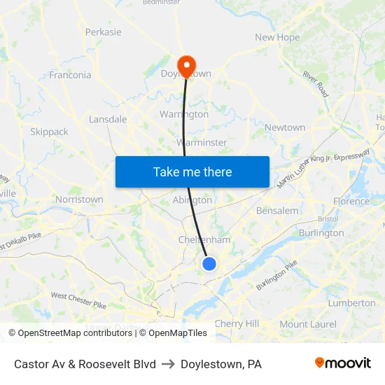 Castor Av & Roosevelt Blvd to Doylestown, PA map