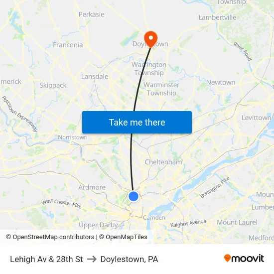 Lehigh Av & 28th St to Doylestown, PA map
