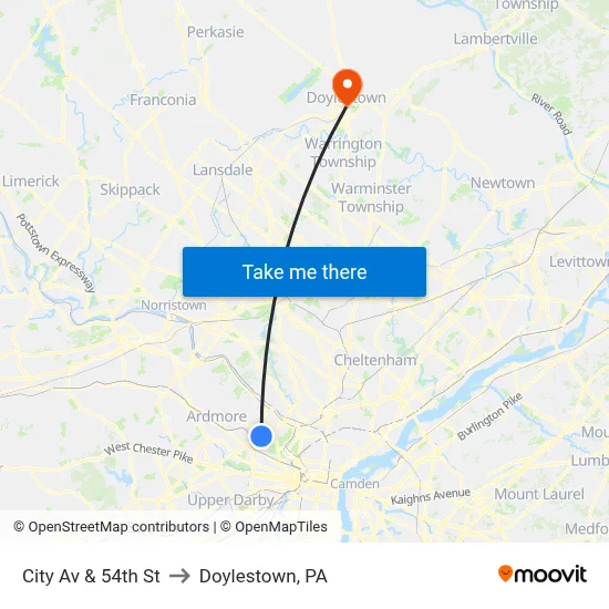 City Av & 54th St to Doylestown, PA map