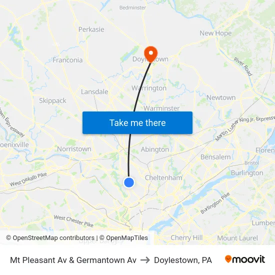 Mt Pleasant Av & Germantown Av to Doylestown, PA map