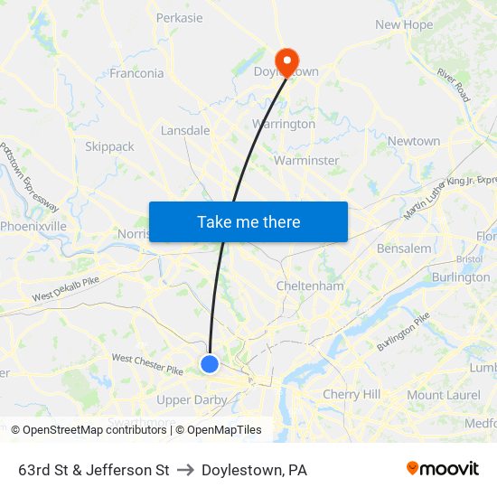 63rd St & Jefferson St to Doylestown, PA map