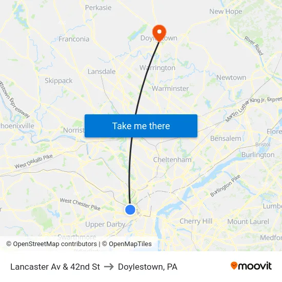 Lancaster Av & 42nd St to Doylestown, PA map