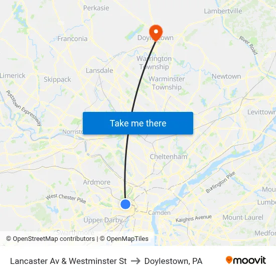 Lancaster Av & Westminster St to Doylestown, PA map