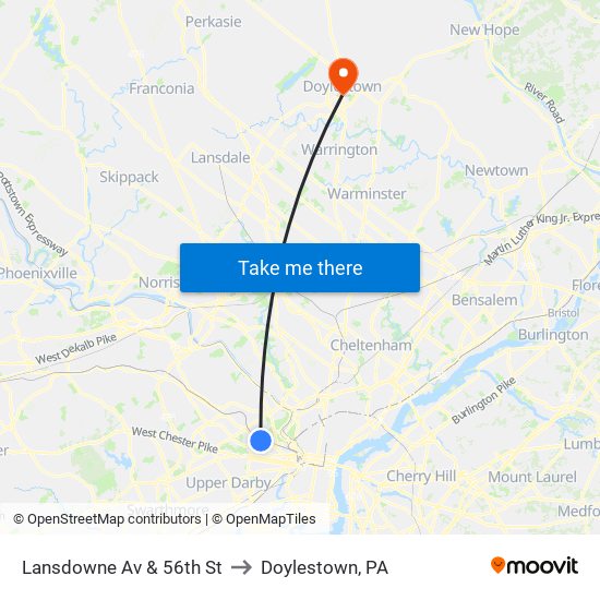 Lansdowne Av & 56th St to Doylestown, PA map