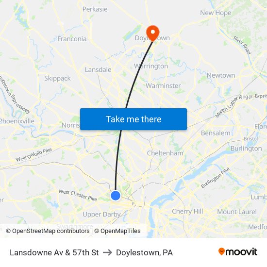 Lansdowne Av & 57th St to Doylestown, PA map