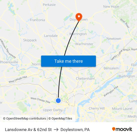 Lansdowne Av & 62nd St to Doylestown, PA map