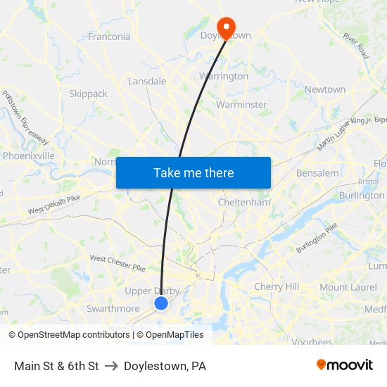 Main St & 6th St to Doylestown, PA map