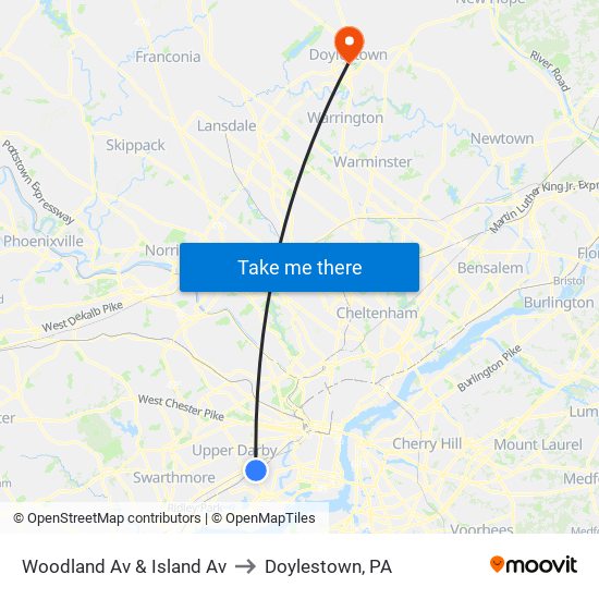 Woodland Av & Island Av to Doylestown, PA map