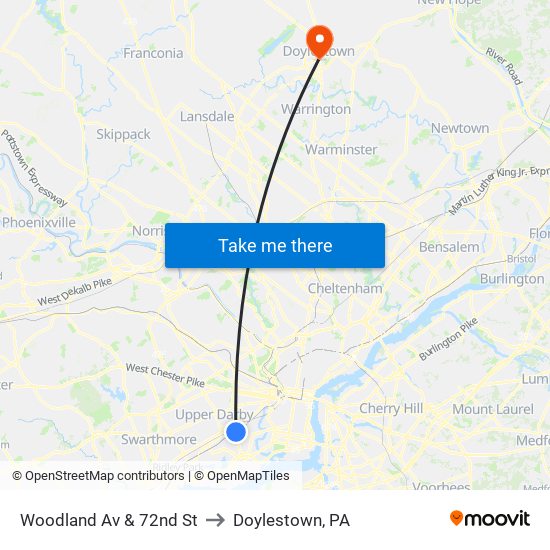 Woodland Av & 72nd St to Doylestown, PA map