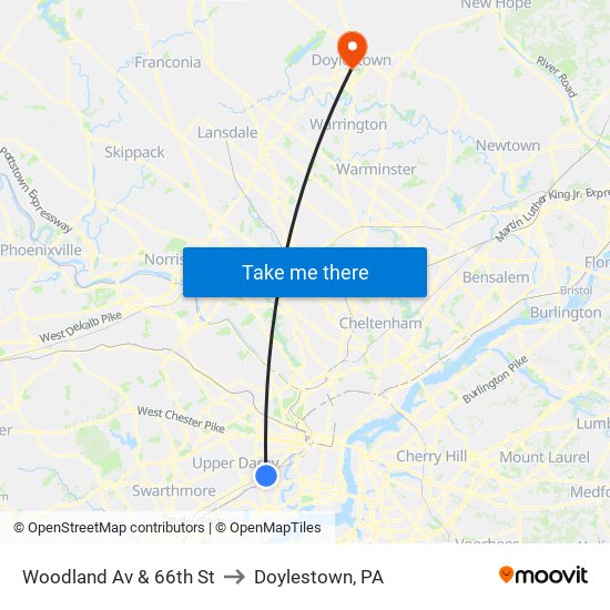 Woodland Av & 66th St to Doylestown, PA map