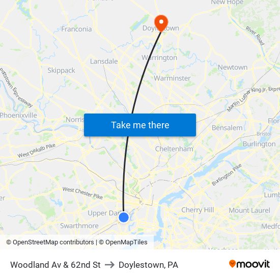 Woodland Av & 62nd St to Doylestown, PA map