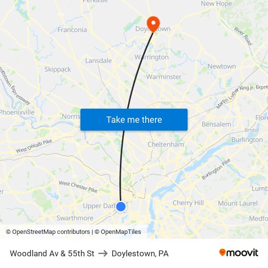 Woodland Av & 55th St to Doylestown, PA map