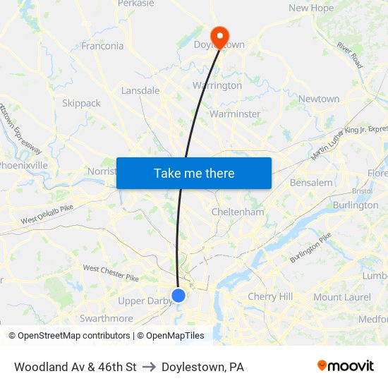 Woodland Av & 46th St to Doylestown, PA map