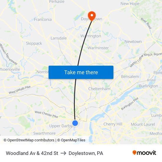 Woodland Av & 42nd St to Doylestown, PA map