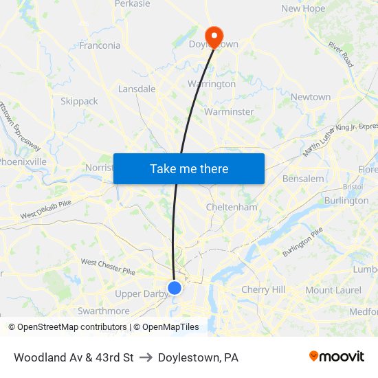 Woodland Av & 43rd St to Doylestown, PA map