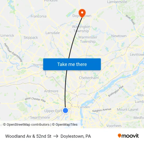 Woodland Av & 52nd St to Doylestown, PA map