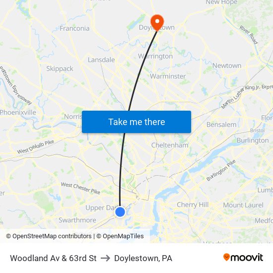 Woodland Av & 63rd St to Doylestown, PA map