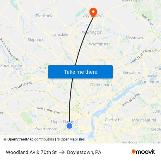 Woodland Av & 70th St to Doylestown, PA map