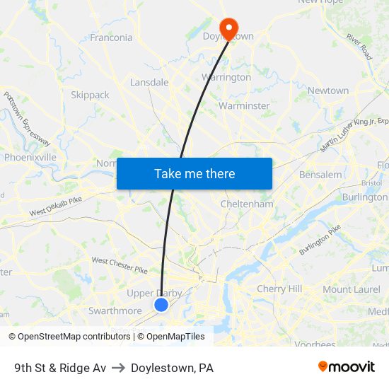 9th St & Ridge Av to Doylestown, PA map