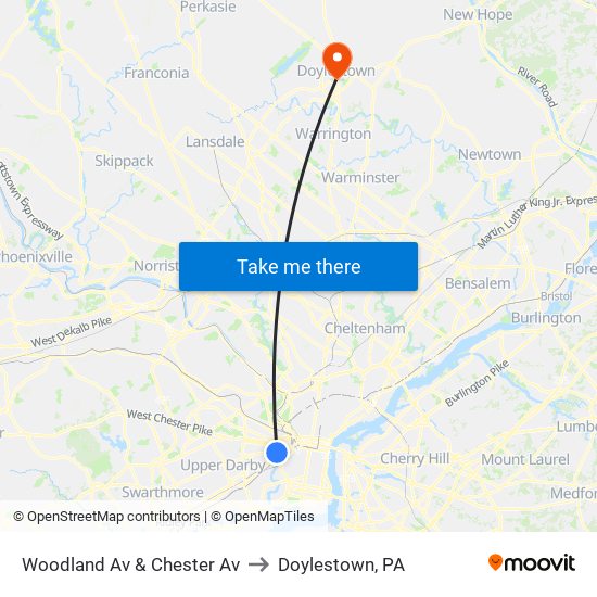 Woodland Av & Chester Av to Doylestown, PA map