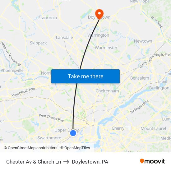 Chester Av & Church Ln to Doylestown, PA map