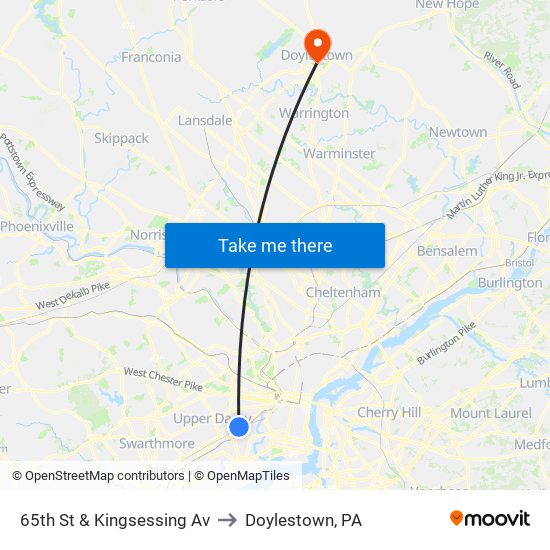 65th St & Kingsessing Av to Doylestown, PA map