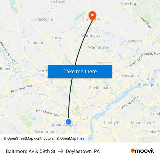 Baltimore Av & 59th St to Doylestown, PA map